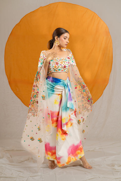 Kzari Splashy Draped Skirt with Crop Top and Net Shrug Dupatta
