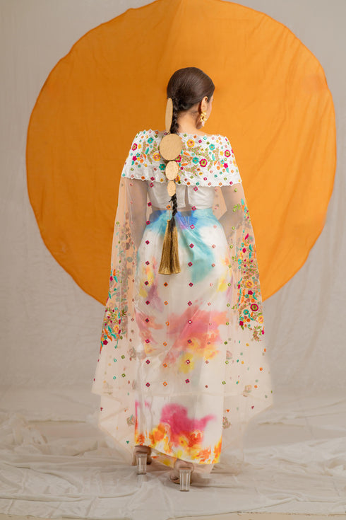 Kzari Splashy Draped Skirt with Crop Top and Net Shrug Dupatta