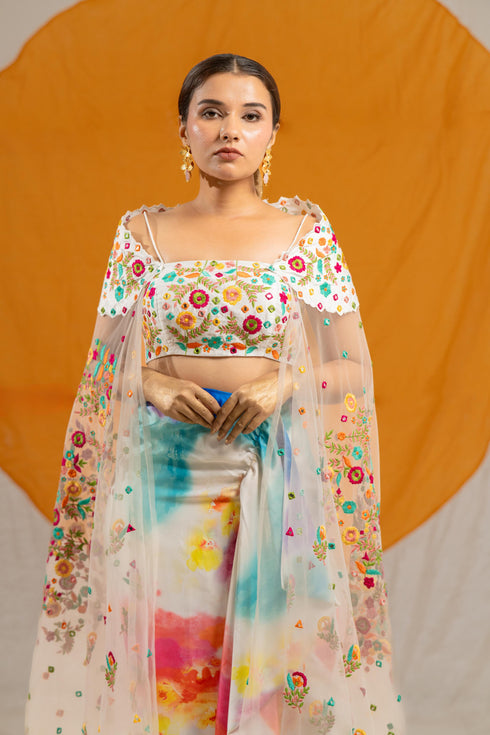 Kzari Splashy Draped Skirt with Crop Top and Net Shrug Dupatta
