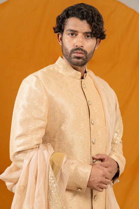 Kzari Golden Jacquard Silk Sherwani (Without Dupatta)