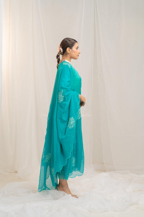 Kzari Shaded Hara Hara Kurta Set with Silk Pants and Organza Embroidery