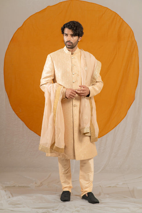 Kzari Golden Jacquard Silk Sherwani (Without Dupatta)