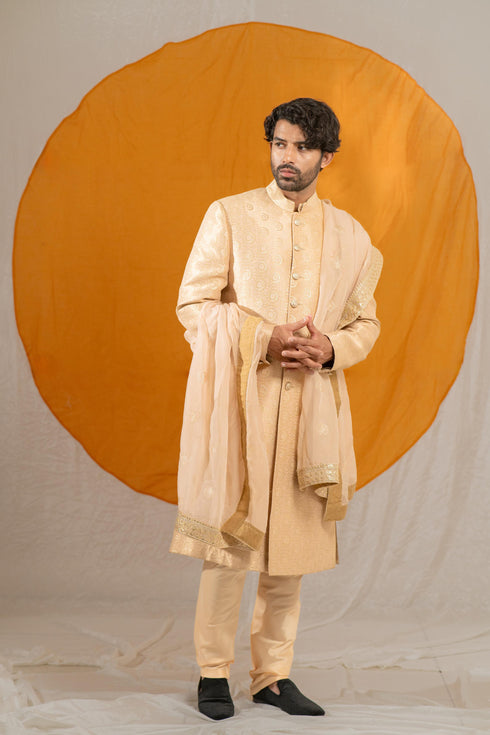 Kzari Golden Jacquard Silk Sherwani (Without Dupatta)