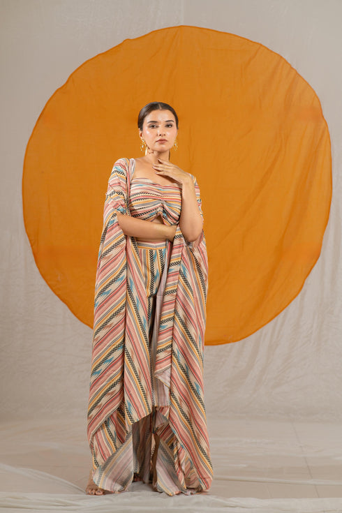 Kzari Printed Veil Indowestern Ensemble with Silk Pant, Crop Top, and Shrug