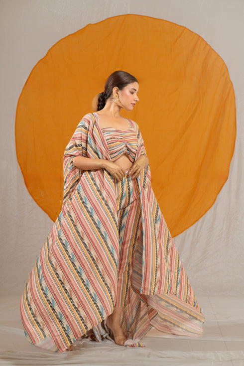 Kzari Printed Veil Indowestern Ensemble with Silk Pant, Crop Top, and Shrug