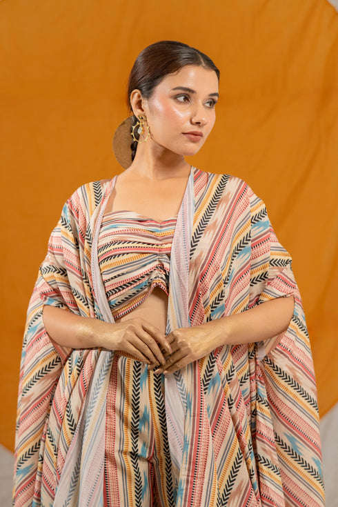 Kzari Printed Veil Indowestern Ensemble with Silk Pant, Crop Top, and Shrug
