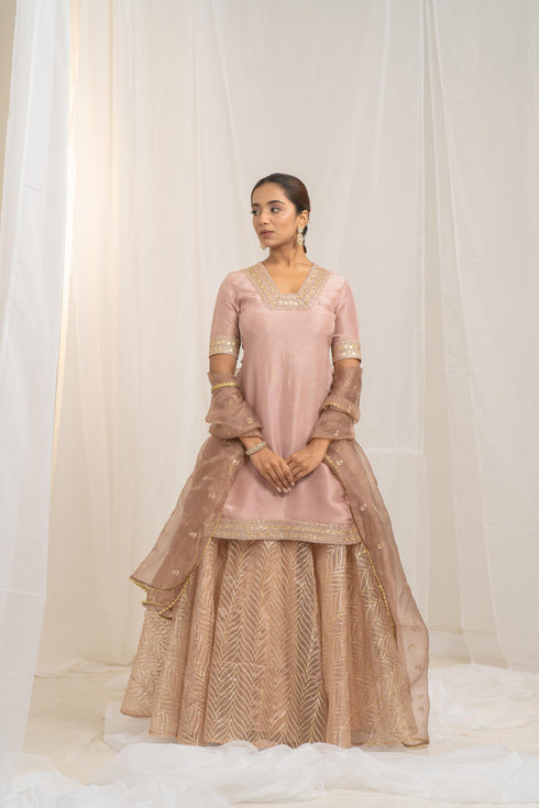 Kzari Kaleji Gold Silk Kurta Set with Organza Lehenga and Dupatta