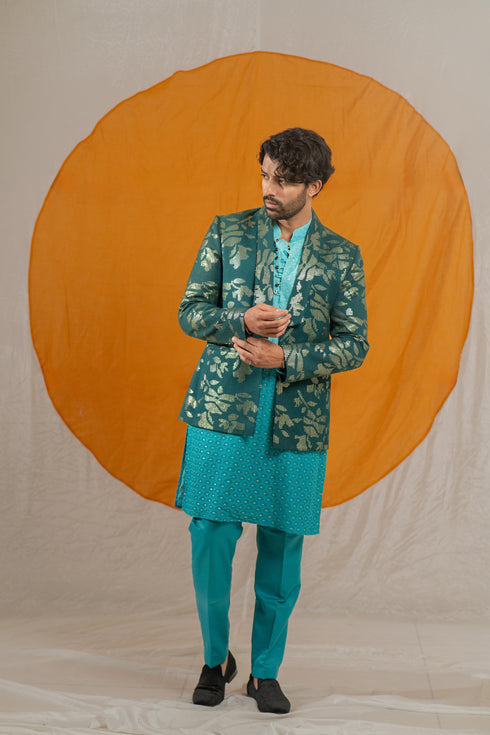 Kzari Emerald Sequin Jodhpuri with Lucknowi Embroidery and Silk Pants