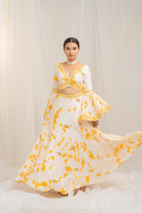 Kzari Whimsical Ruffle Crop Top and Lehenga Set