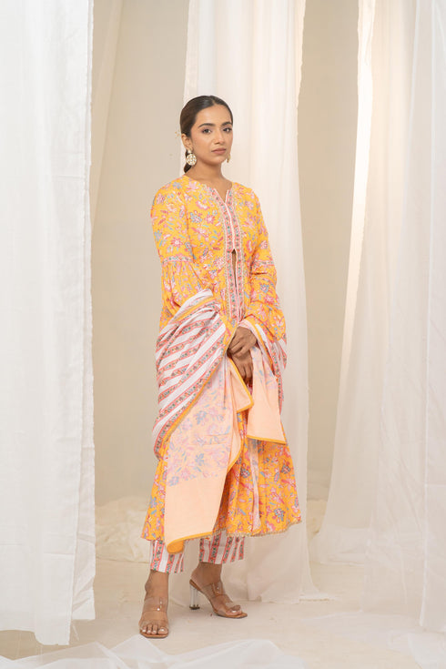 Kzari Yellow Floral Printed Anarkali Suit with Exquisite Border - Pant and Dupatta Included
