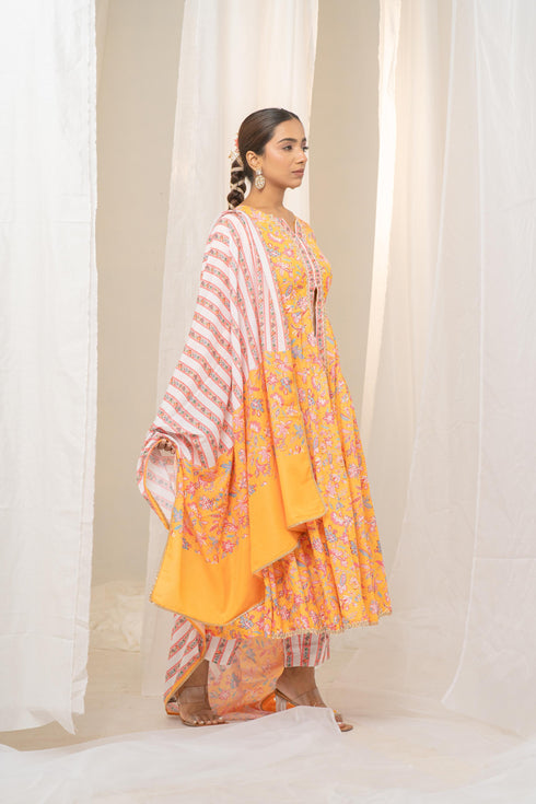 Kzari Yellow Floral Printed Anarkali Suit with Exquisite Border - Pant and Dupatta Included