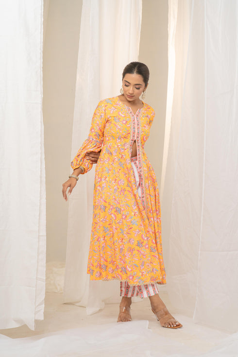 Kzari Yellow Floral Printed Anarkali Suit with Exquisite Border - Pant and Dupatta Included
