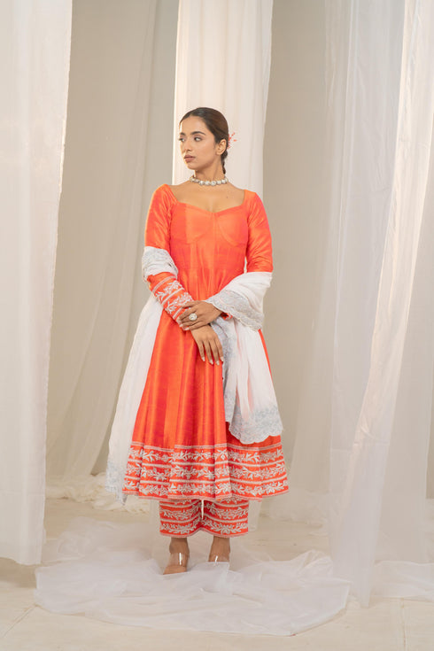 Kzari Kesar-Pista Orange Raw Silk Anarkali with White Embroidery and Organza Dupatta