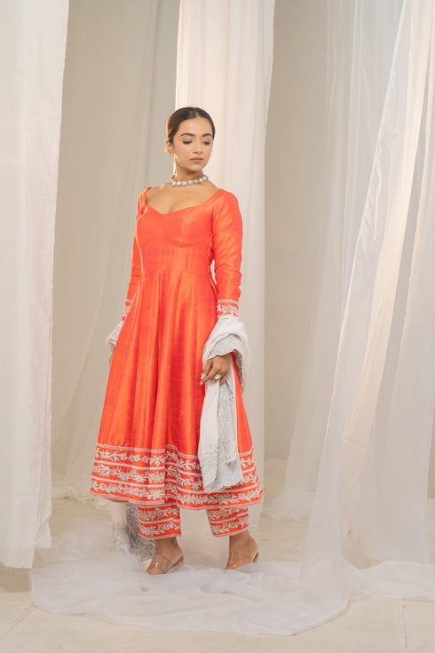 Kzari Kesar-Pista Orange Raw Silk Anarkali with White Embroidery and Organza Dupatta