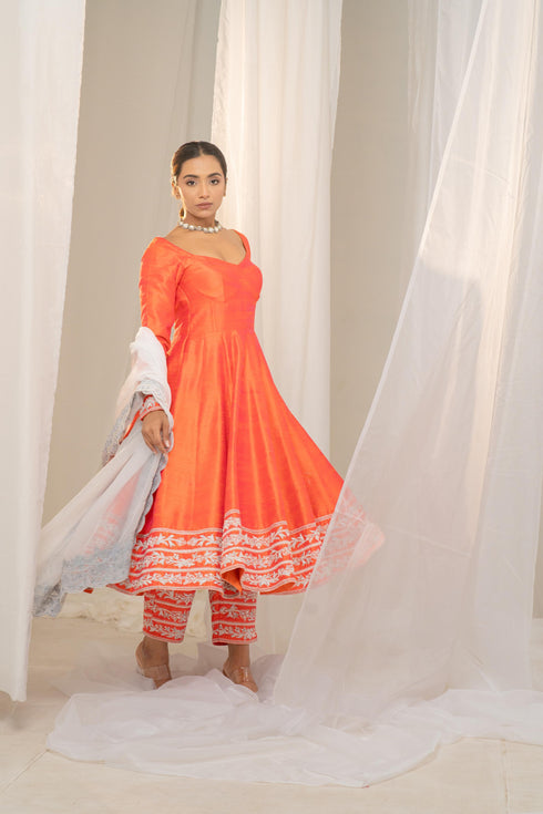 Kzari Kesar-Pista Orange Raw Silk Anarkali with White Embroidery and Organza Dupatta