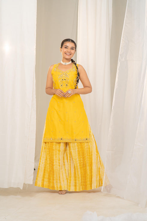 Kzari Vibrant Khatta-Nimbu Raw Silk Kurta with Embroidered Neck and Crushed Palazzo