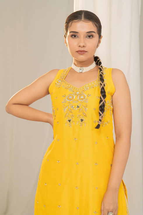 Kzari Vibrant Khatta-Nimbu Raw Silk Kurta with Embroidered Neck and Crushed Palazzo