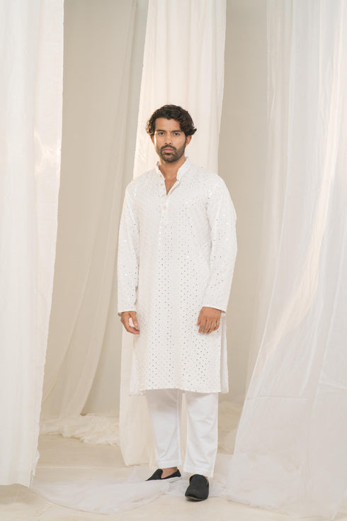 Kzari Sheesh-Mahal White Georgette Mirror Kurta