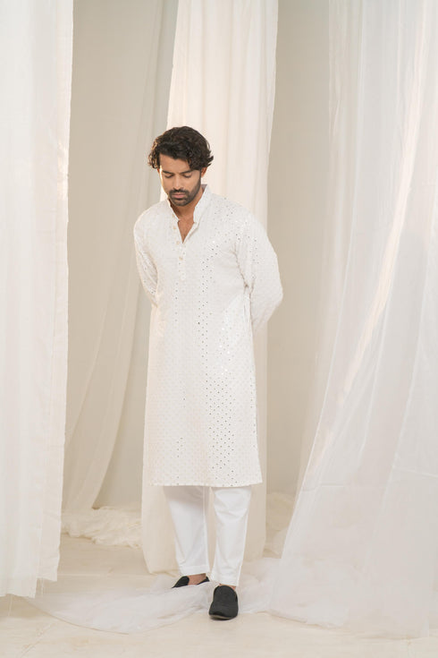 Kzari Sheesh-Mahal White Georgette Mirror Kurta