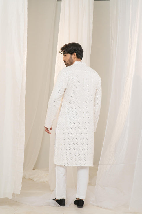 Kzari Sheesh-Mahal White Georgette Mirror Kurta