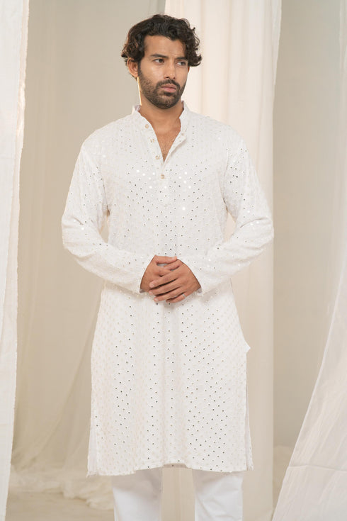 Kzari Sheesh-Mahal White Georgette Mirror Kurta