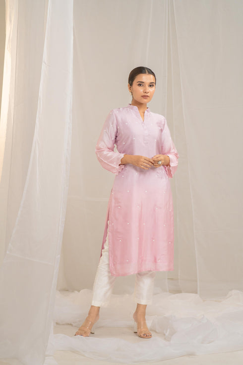Kzari Pink Cotton Modal Satin Haryali Kurta Pant Set