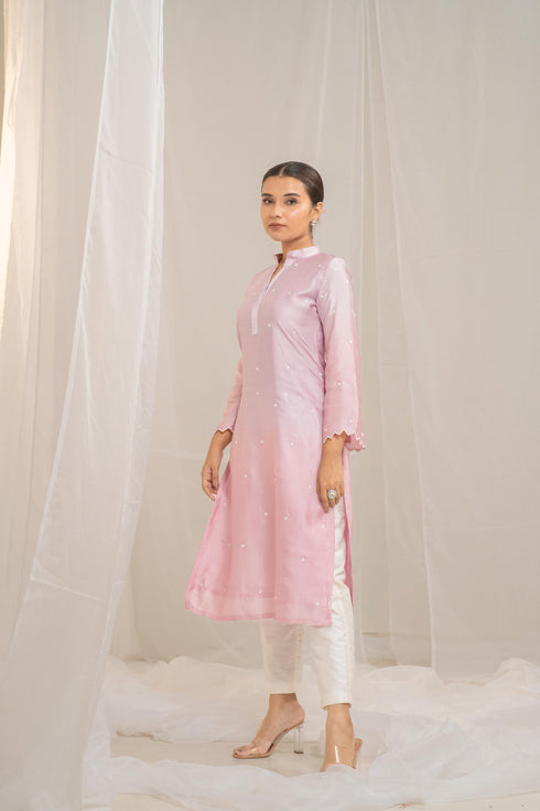 Kzari Pink Cotton Modal Satin Haryali Kurta Pant Set