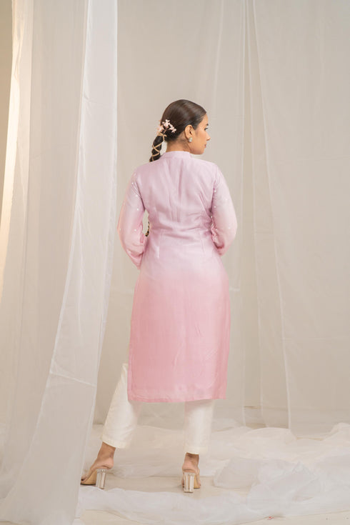 Kzari Pink Cotton Modal Satin Haryali Kurta Pant Set