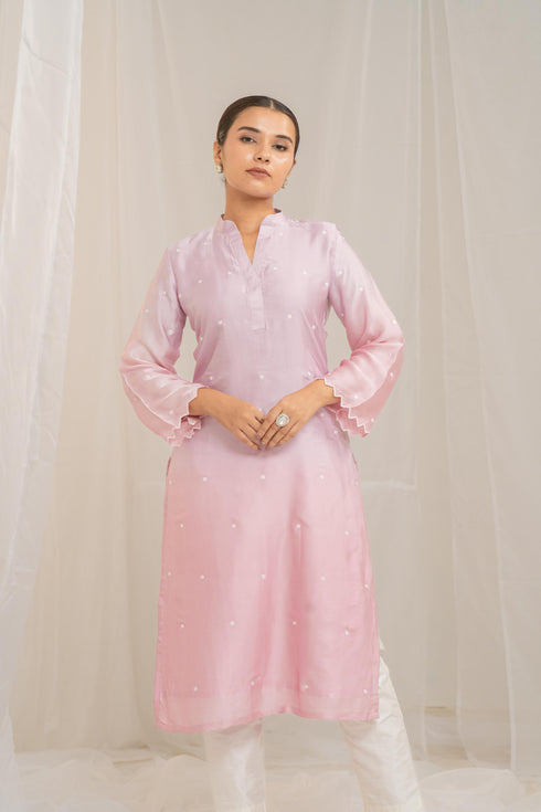 Kzari Pink Cotton Modal Satin Haryali Kurta Pant Set