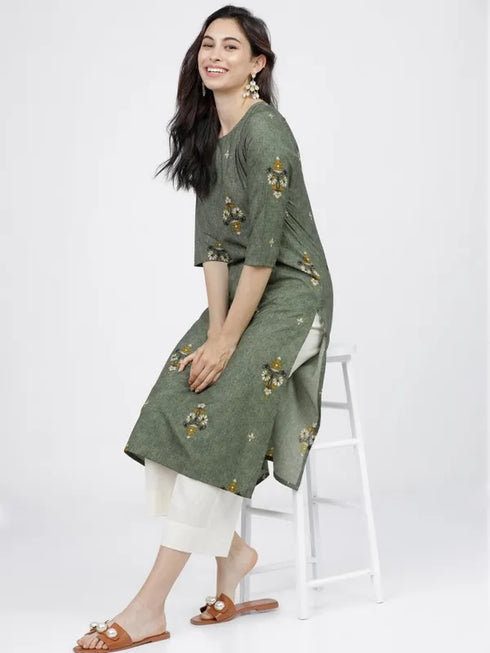 Vasthrlay Women Ketch Women Olive Printed Straight Kurtas