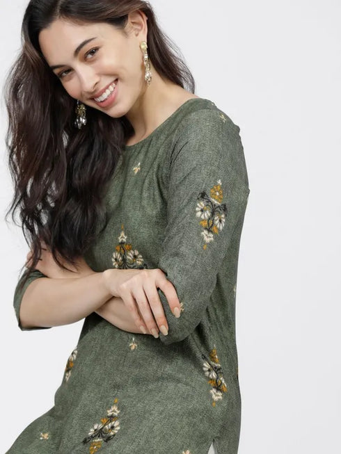 Vasthrlay Women Ketch Women Olive Printed Straight Kurtas