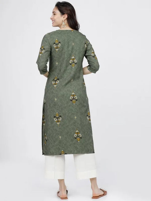 Vasthrlay Women Ketch Women Olive Printed Straight Kurtas