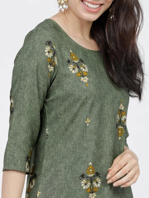 Vasthrlay Women Ketch Women Olive Printed Straight Kurtas