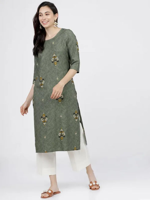 Vasthrlay Women Ketch Women Olive Printed Straight Kurtas