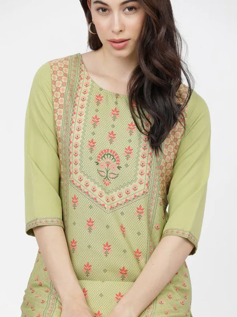 Vasthrlay Women Ketch Women Green Printed Straight Kurtas