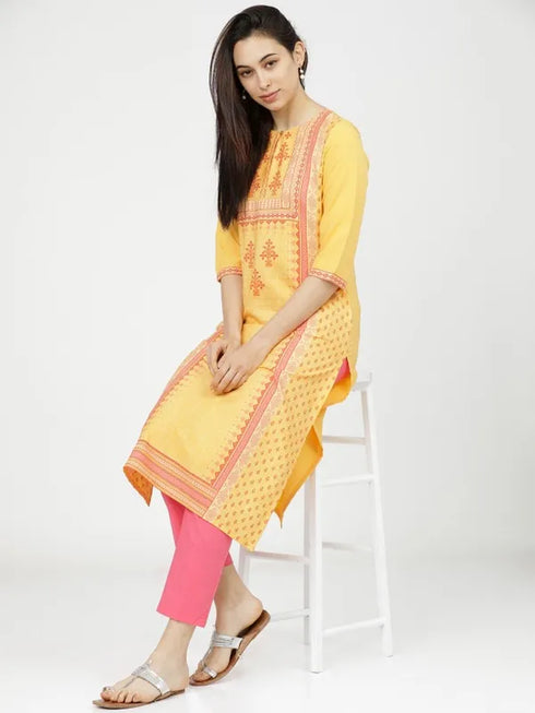 Vasthrlay Women Ketch Women Yellow Printed Straight Kurtas