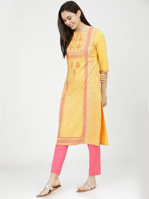 Vasthrlay Women Ketch Women Yellow Printed Straight Kurtas