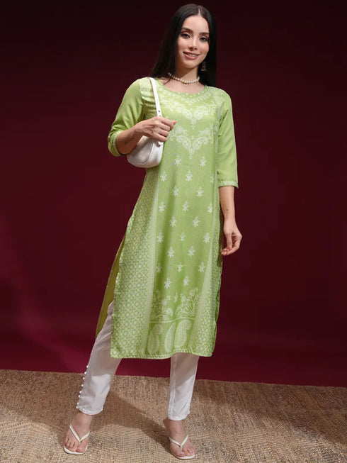 Vasthrlay Women Ketch Women Green Printed Straight Kurtas