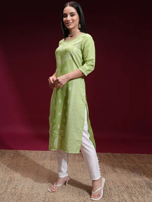 Vasthrlay Women Ketch Women Green Printed Straight Kurtas