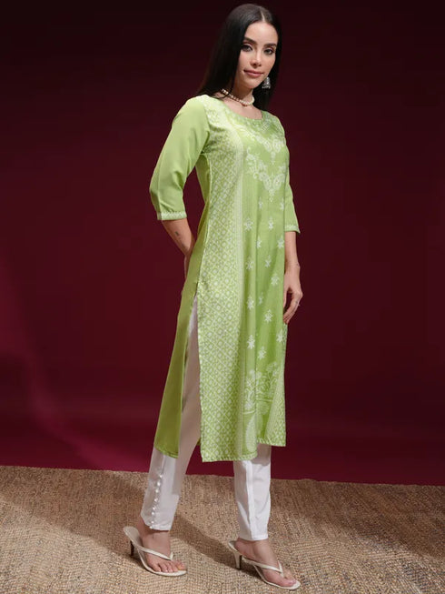 Vasthrlay Women Ketch Women Green Printed Straight Kurtas