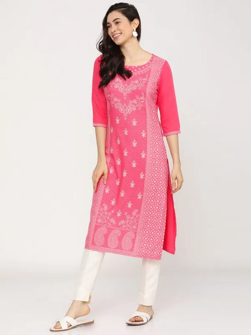 Vasthrlay Women Ketch Women Pink Printed Straight Kurtas