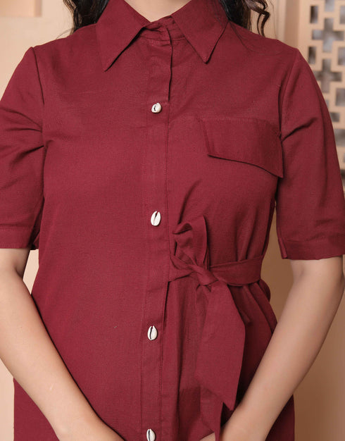 Miravan Womens Maroon Solid A Line Dress with Belt