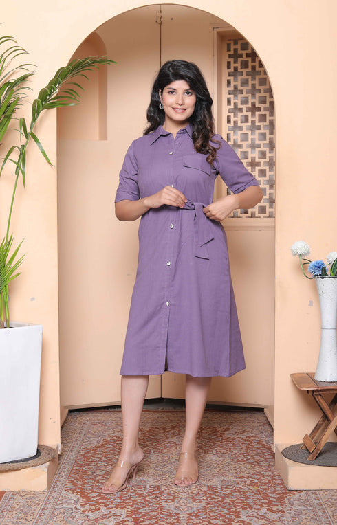 Miravan Womens Purple Solid half Sleeve midi Dress with Belt