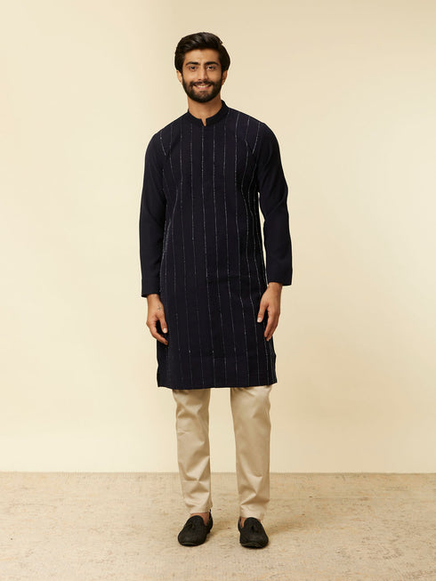 Manyavar Dark Blue Striped Patterned Kurta