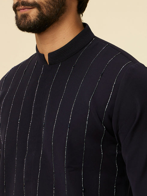 Manyavar Dark Blue Striped Patterned Kurta