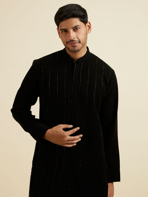 Manyavar Black Striped Patterned Kurta