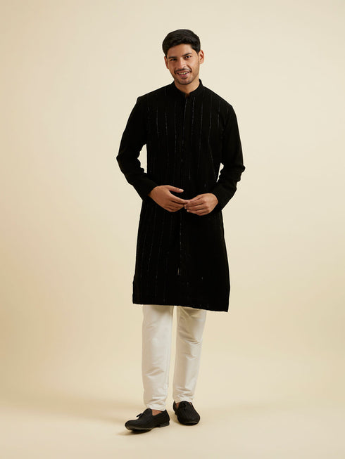 Manyavar Black Striped Patterned Kurta