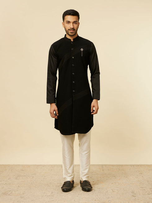 Manyavar Black Striped Patterned Kurta