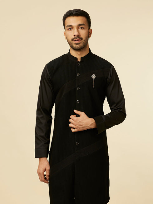 Manyavar Black Striped Patterned Kurta