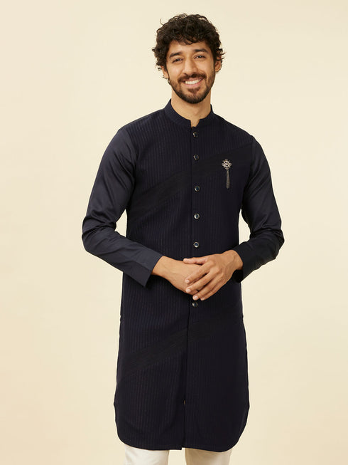Manyavar Dark Blue Self Striped Kurta